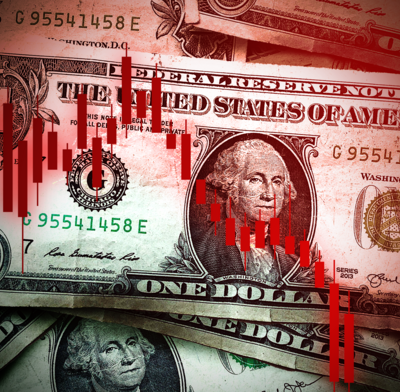 Dollar bills with candle chart declining market