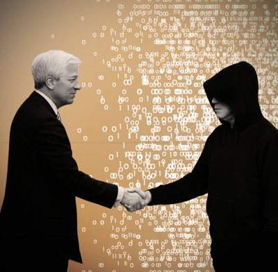 Jamie Dimon shaking hands with a hooded figure