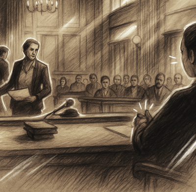 A drawn court scene