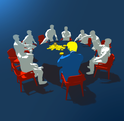 Figures at the table pouring over coins