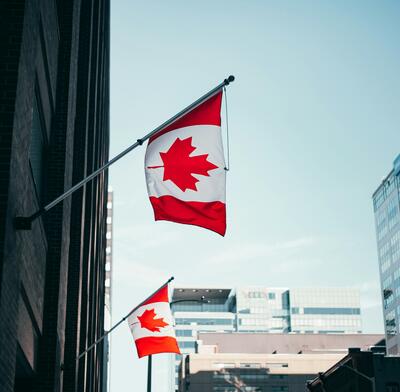 Canadian flags on an office building