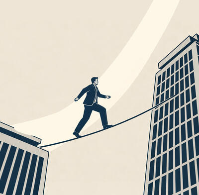 Tight rope walker signifying a precarious rising market